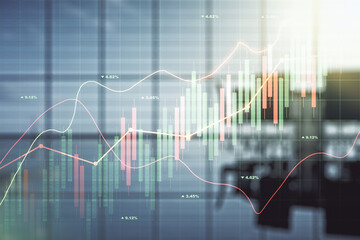 Double exposure of abstract creative financial chart hologram on a modern meeting room background, research and strategy concept
