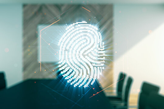 Double exposure of virtual creative fingerprint hologram on a modern meeting room background, research and development concept