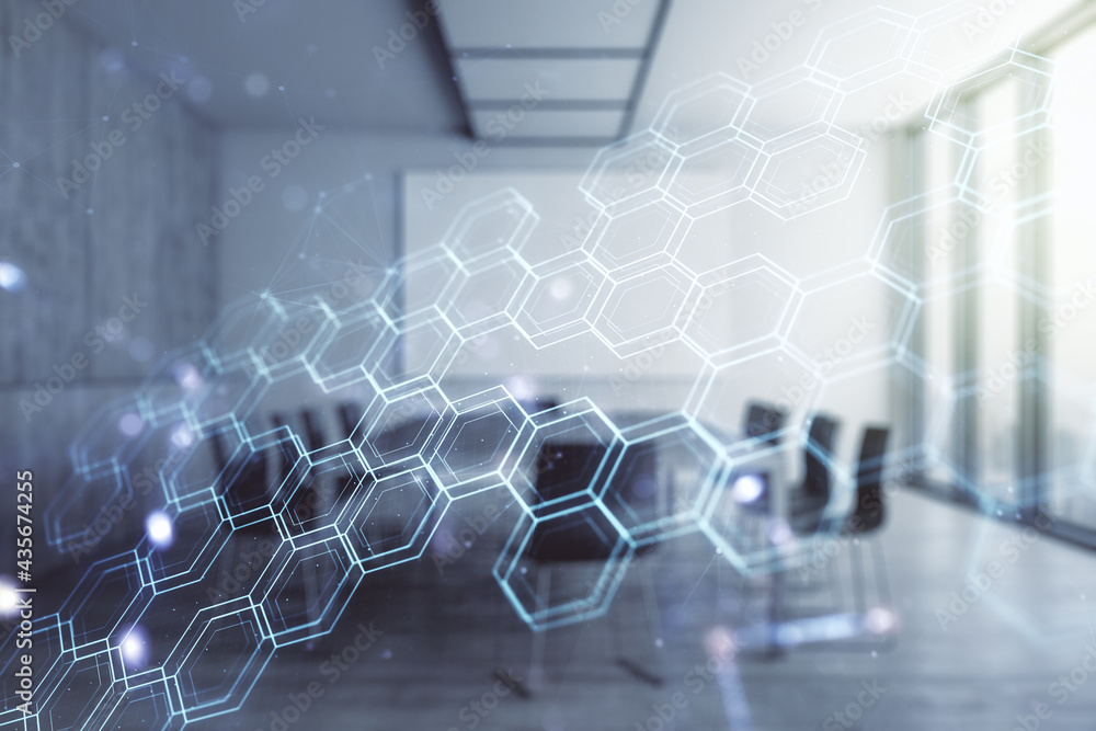 Poster abstract virtual wireless technology hologram with hexagon on a modern conference room background. b