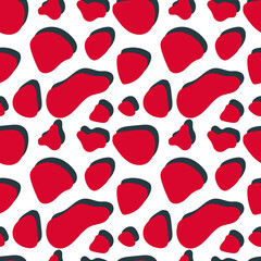 Red abstract spots with blue shadow on a white background. Seamless pattern for printing on fabric, textiles, decorative pillows, bedding, book covers. 