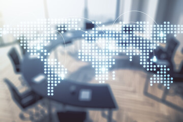 Abstract virtual world map with connections on a modern conference room background, international trading concept. Multiexposure