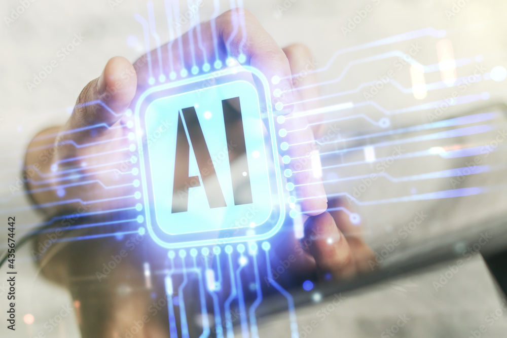 Poster double exposure of creative artificial intelligence icon with finger clicks on a digital tablet on b