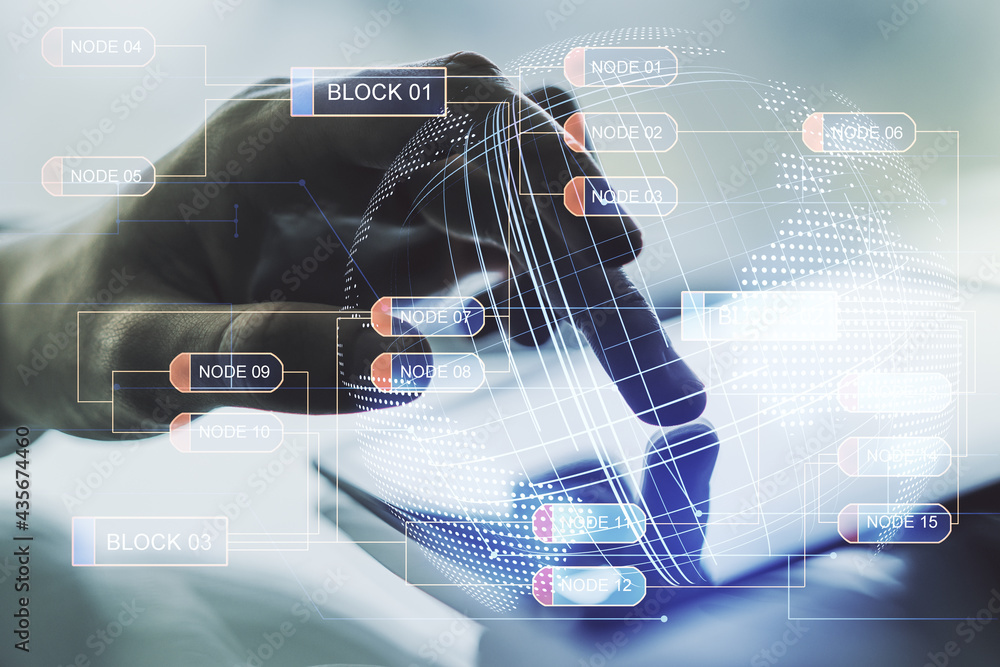 Poster Abstract creative coding illustration with world map and finger clicks on a digital tablet on background, international software development concept. Multiexposure