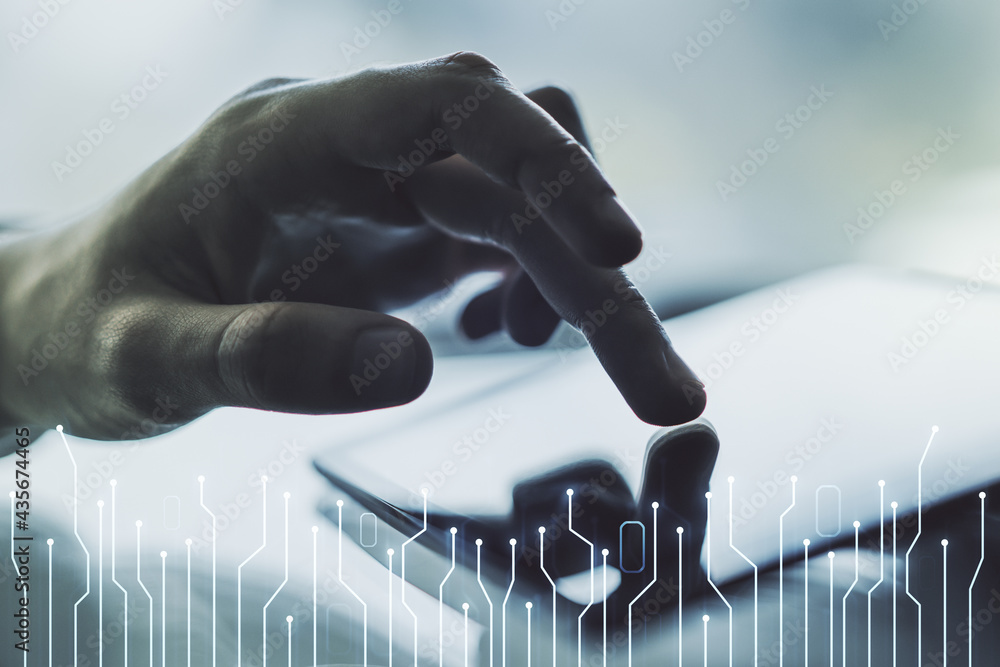 Poster creative abstract micro chip hologram and finger presses on a digital tablet on background, artifici