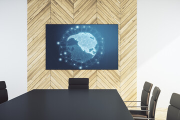 Digital America map on presentation screen in a modern conference room, international trading concept. 3D Rendering