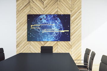 Abstract programming language and world map on presentation tv screen in a modern meeting room, research and development concept. 3D Rendering