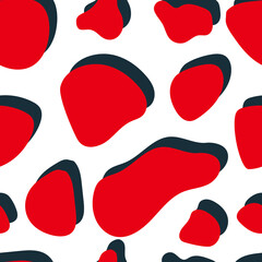 Red abstract spots with blue shadow on a white background. Seamless pattern for printing on fabric, textiles, decorative pillows, bedding, book covers. Vector graphics.