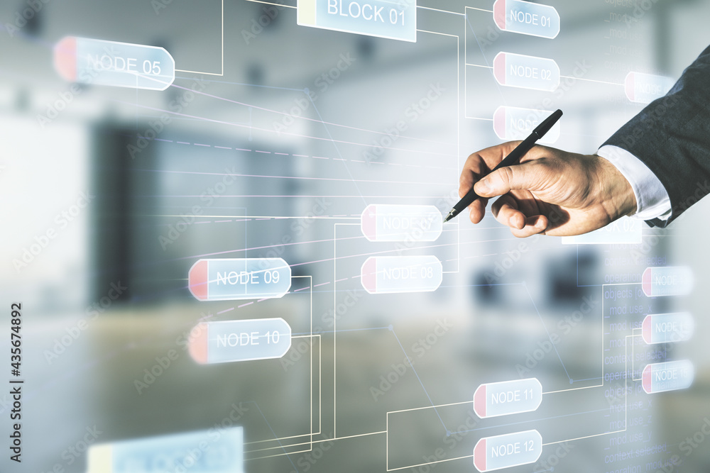 Poster double exposure of programmer's hand with pen working with abstract creative programming illustratio