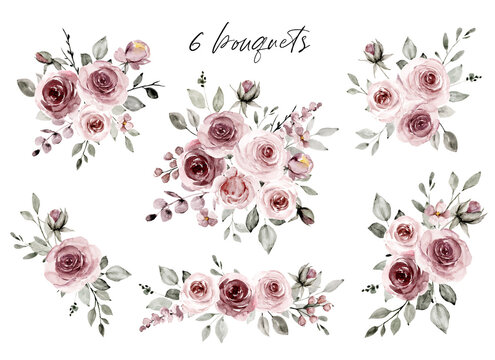 Set watercolor flowers hand painting, floral vintage bouquets with pink roses and gray leaves. Decoration for poster, greeting card, birthday, wedding design. Isolated on white background.