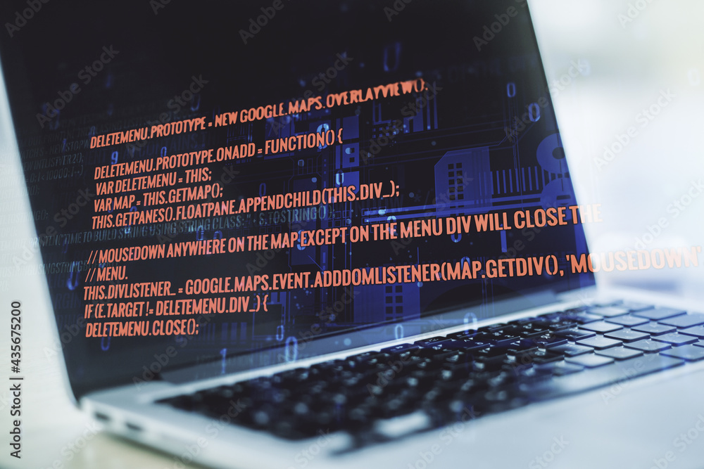 Poster double exposure of abstract programming language on laptop background, research and development conc