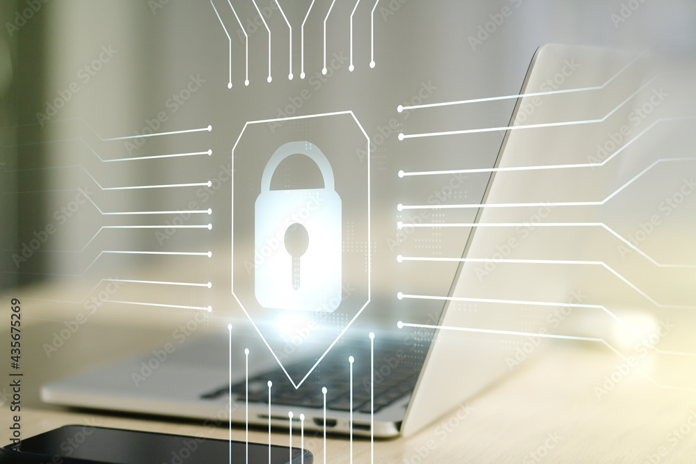 Poster creative idea concept with lock symbol and microcircuit illustration on modern laptop background. pr