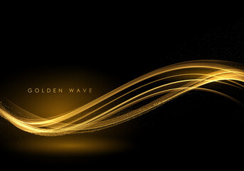 Abstract Gold Waves. Shiny golden moving lines design element with glitter effect on dark background for greeting card and disqount voucher.