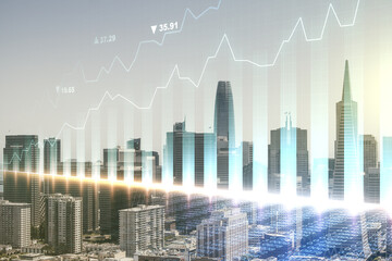 Plakat Abstract virtual financial graph hologram on San Francisco skyline background, forex and investment concept. Multiexposure