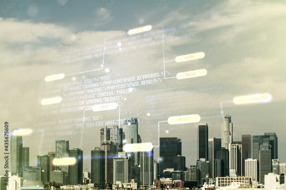 Poster abstract virtual coding concept on los angeles skyline background. multiexposure