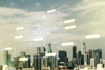 Abstract virtual coding concept on Los Angeles skyline background. Multiexposure