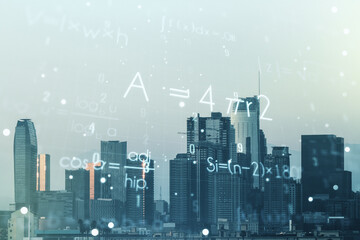 Fototapeta na wymiar Scientific formula illustration on Los Angeles cityscape background, science and research concept. Multiexposure