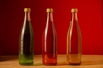Red yellow and green glass bottles stand on a wooden table on a red background