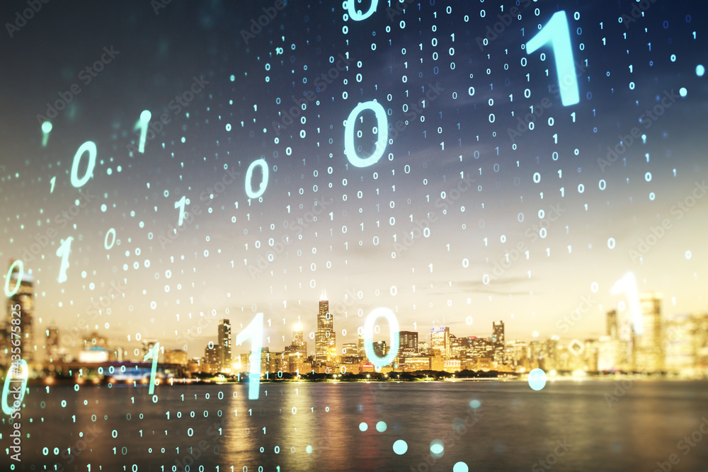 Poster abstract virtual binary code sketch on chicago office buildings background, hacking and matrix conce