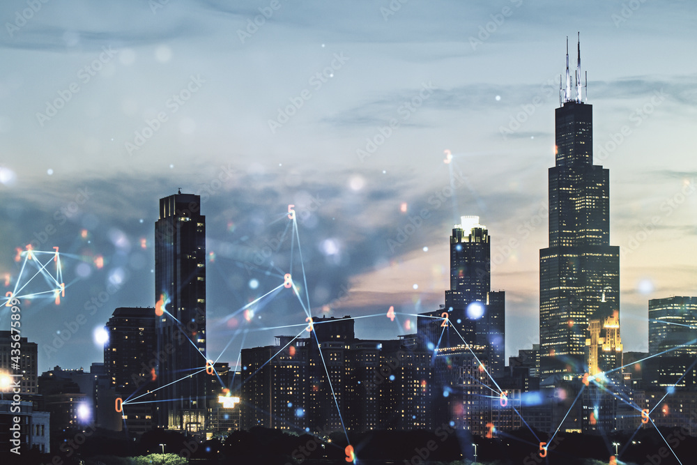 Poster abstract virtual wireless technology hologram on chicago skyline background. big data and database c