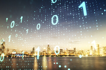 Abstract virtual binary code sketch on Chicago office buildings background, hacking and matrix concept. Multiexposure