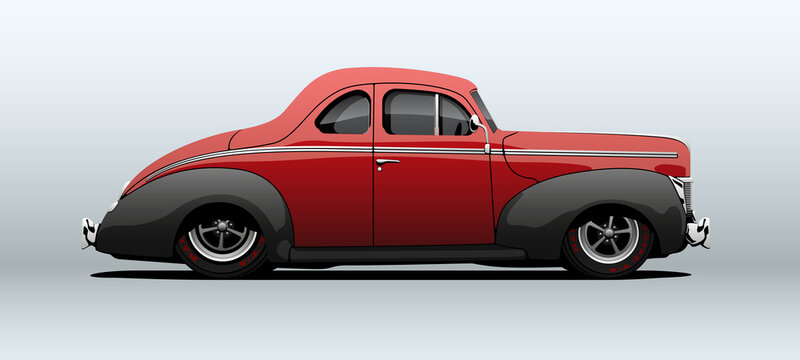 Classic hot rod, view from side, in vector.
