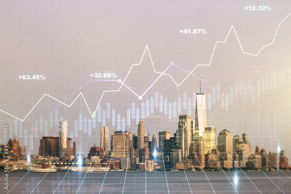 Wall mural abstract virtual financial graph hologram on new york cityscape background, financial and trading co