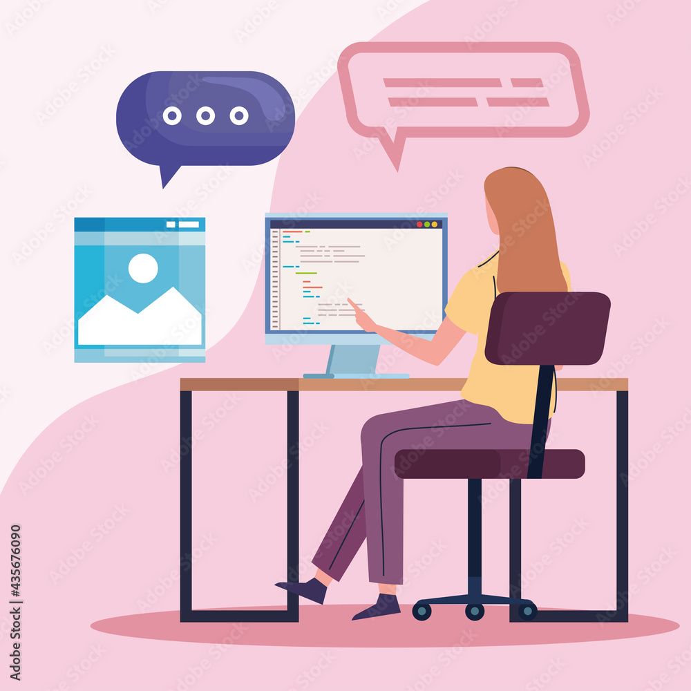 Poster female programmer computer in workplace