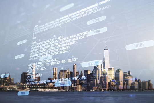 Abstract virtual coding concept on New York city skyline background. Multiexposure