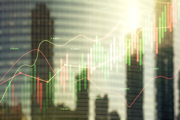 Double exposure of abstract financial graph on office buildings background, financial and trading concept