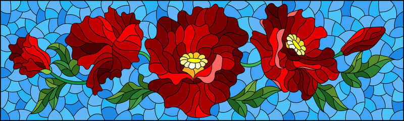Naklejki  Illustration in the style of stained glass with a composition of red poppies on a blue background, horizontal orientation