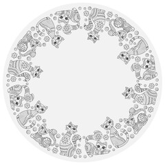 Design ornament for round product, cute cartoon contour cats in the style of stained glass on a light background
