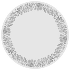 Design ornament for round product, contour flowers and butterflyes in the style of stained glass on a light background