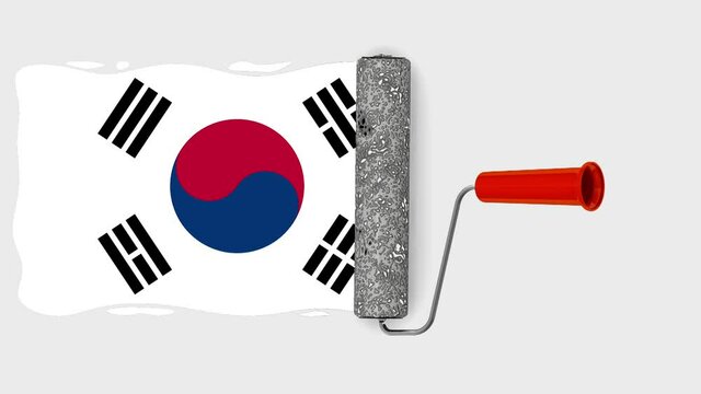 A paint roller is drawing the flag of South Korea. One paint roller is painting the flag of South Korea on a white surface. Isolated. Footage video