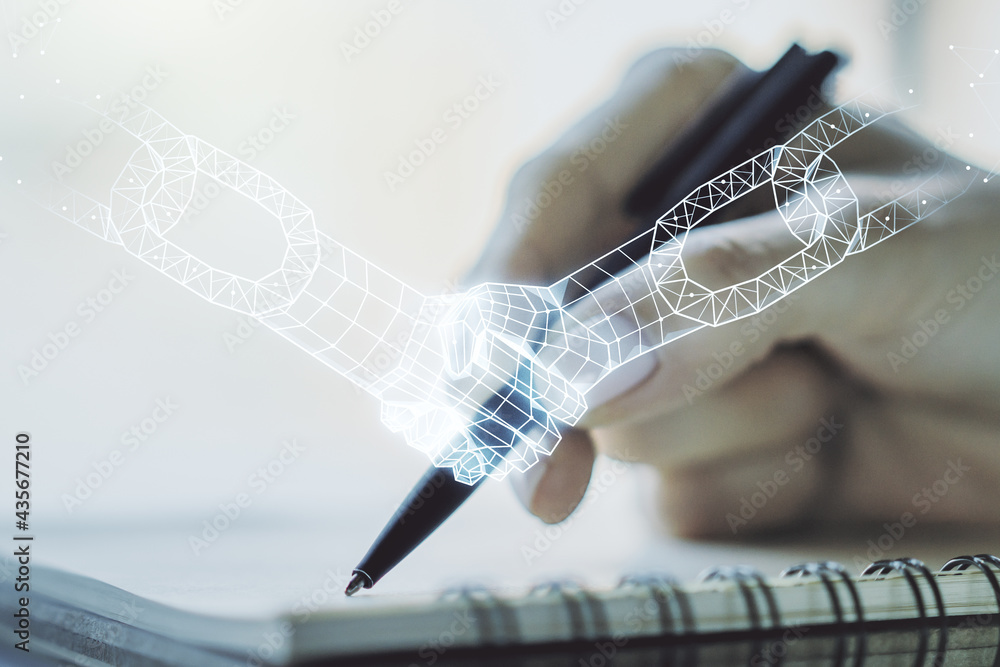 Aufkleber double exposure of blockchain technology with handshake hologram and woman hand writing in notebook 