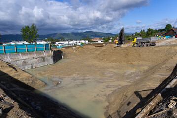 Construction site with ditch for the foundation at springtime at City of Zurich. Photo taken May 25th, 2021, Zurich, Switzerland.