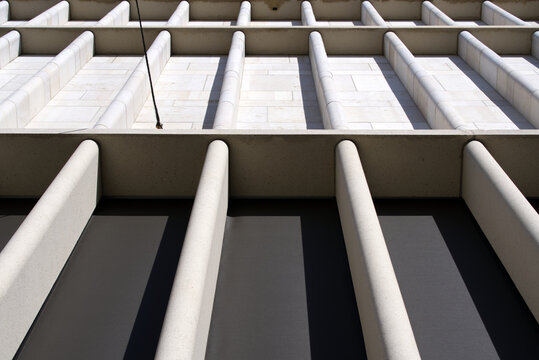 Close-up of limestone facade of new section of art house at City of Zurich. Photo taken May 25th, 2021, Zurich, Switzerland.