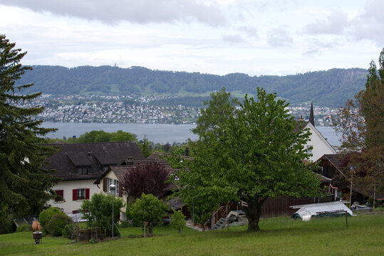 View from Zurich Witikon to city and  lake Zurich and the Swiss alps. Photo taken May 25th, 2021, Zurich, Switzerland.
