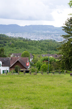 View from Zurich Witikon to city and  lake Zurich and the Swiss alps. Photo taken May 25th, 2021, Zurich, Switzerland.