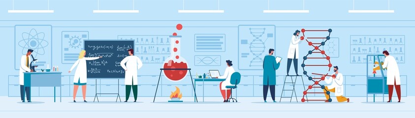 Research laboratory. Chemical or medical laboratory with scientists. Dna research, scientific experiment, drug development vector illustration. Genetic lab, workers analyzing blood