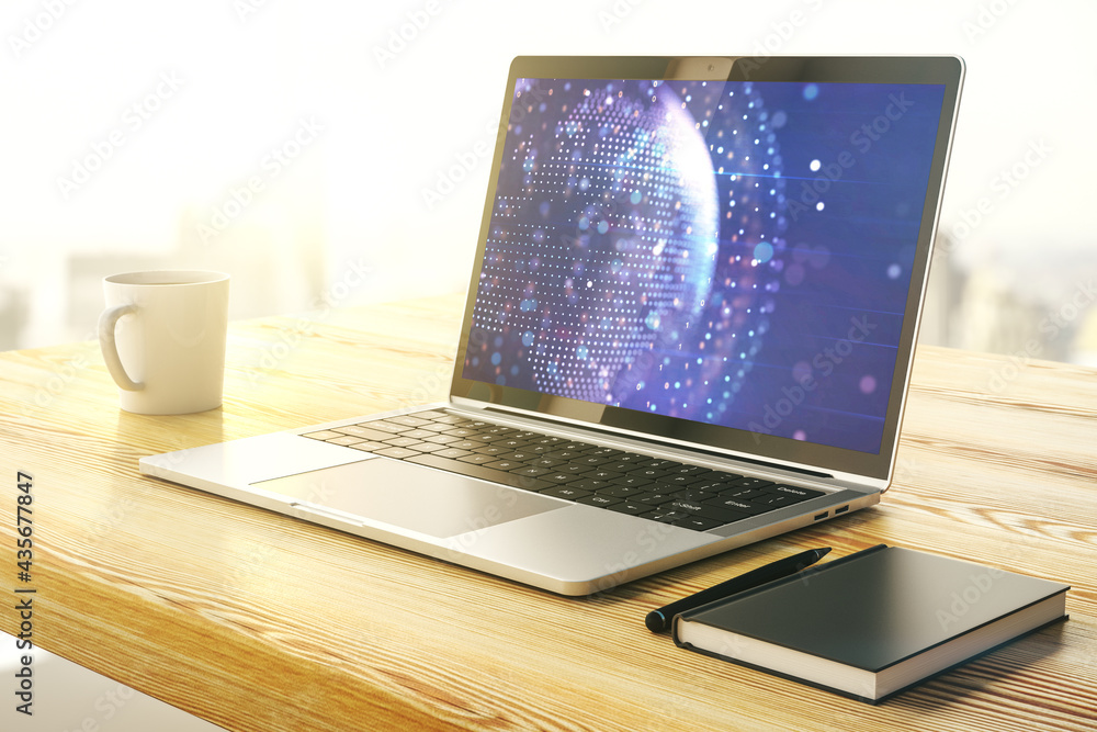 Aufkleber abstract graphic world map on modern laptop screen, connection and communication concept. 3d renderi