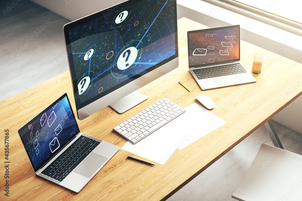 Poster creative concept of question mark illustration on modern laptop screen. faq and search concept. 3d r