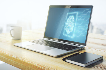 Modern computer monitor with abstract creative fingerprint hologram, research and development concept. 3D Rendering