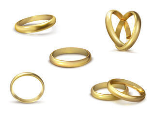 Realistic gold wedding rings isolated on white background symbol of love and marriage