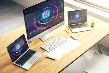 Computer monitor with creative artificial Intelligence abbreviation. Future technology and AI concept. 3D Rendering