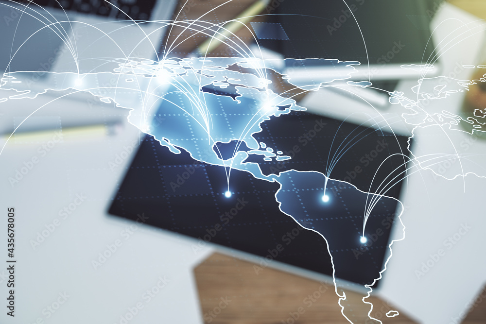 Aufkleber Double exposure of abstract digital world map with connections and modern digital tablet on background, big data and blockchain concept