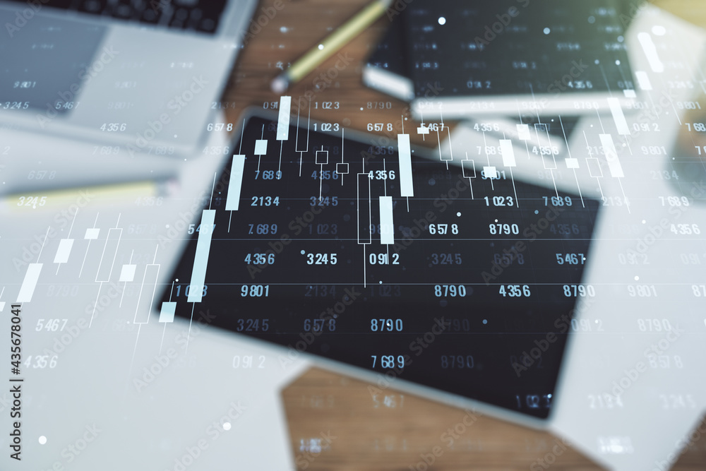 Poster multi exposure of abstract statistics data hologram interface and modern digital tablet on backgroun