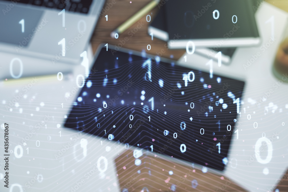 Poster creative concept of binary code illustration and modern digital tablet on background, top view. big 