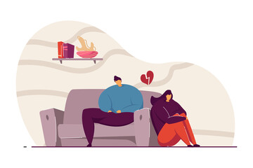 Young couple having argument vector illustration. Man and woman thinking about misunderstanding between them. Conflict concept for website design or landing page.