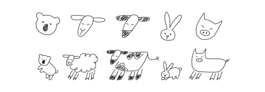Hand drawn animals faces in line art style, modern minimalism art