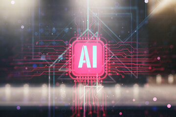 Creative artificial Intelligence symbol hologram on blurry contemporary office building background. Double exposure